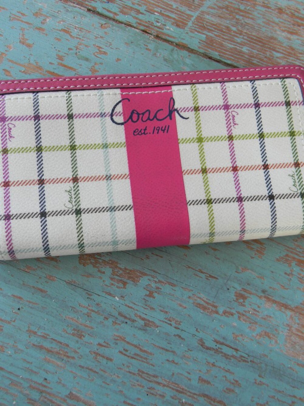 Coach Heritage Stripe Collection LARGE Zip Around” Tattersall PLAID WALLET